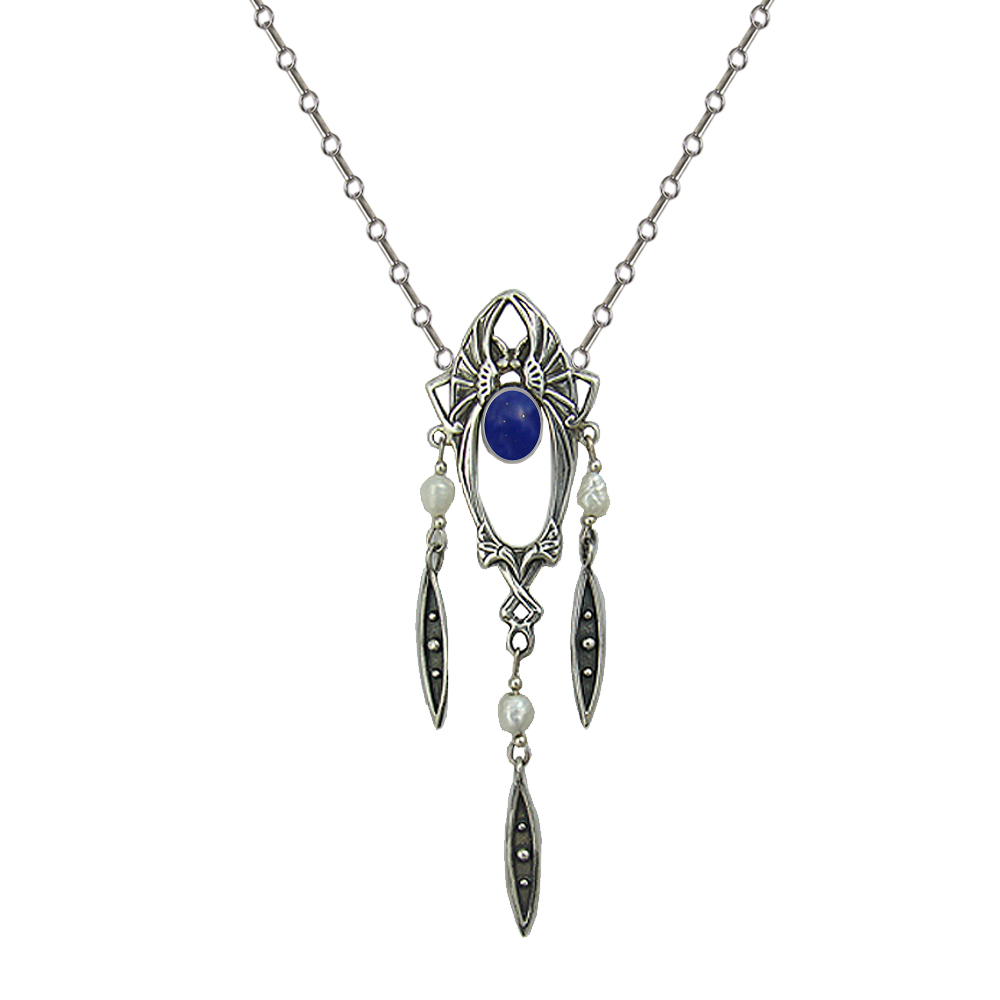 Sterling Silver Extravagant Art Deco Necklace With Lapis Lazuli